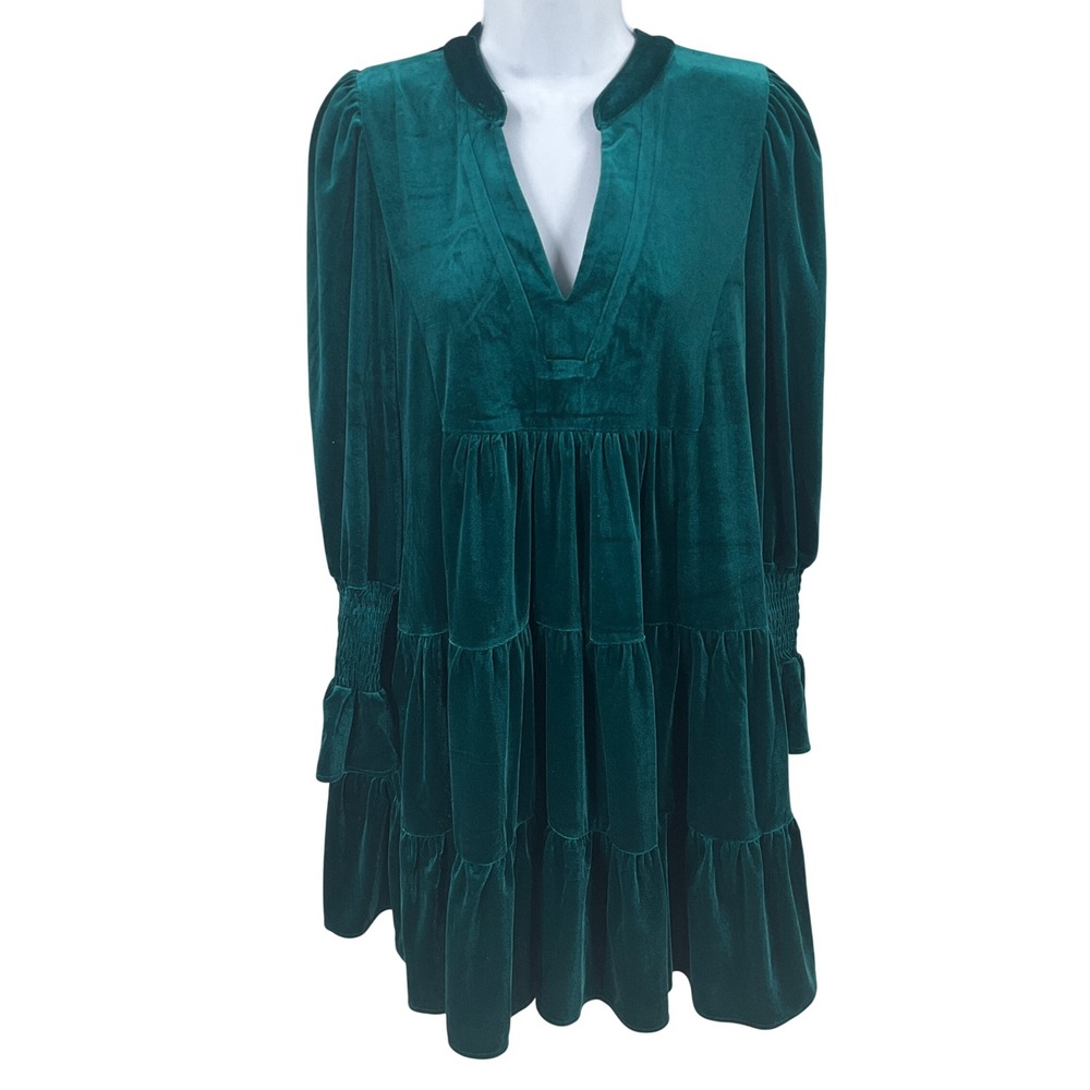 Umgee Mini Dress Womens S Green Velvet Tiered Babydoll Boho Oversized Romantic
